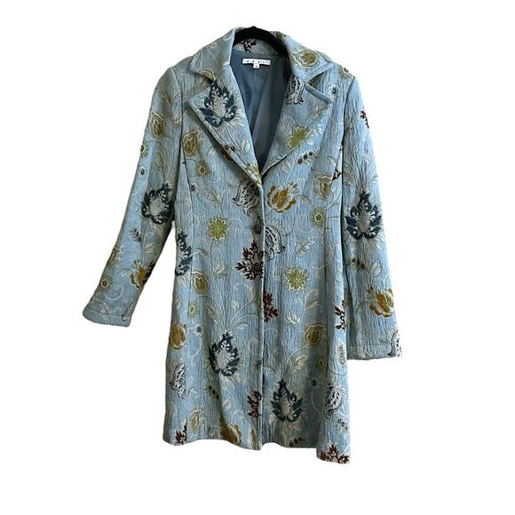 CAbi Dusty Blue Classic Guinevere Floral Jacquard Tapestry Long Jacket Women Sz4 - Picture 1 of 11